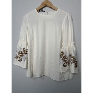Lafayette 148 NY Embroidered‎ Ruffle Sleeve Silk Blouse Off- White Size Small